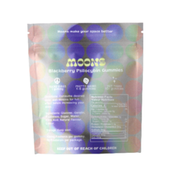 Back view of the detailed nutritional informational panel and custom layout on a MOONS brand packaging pouch